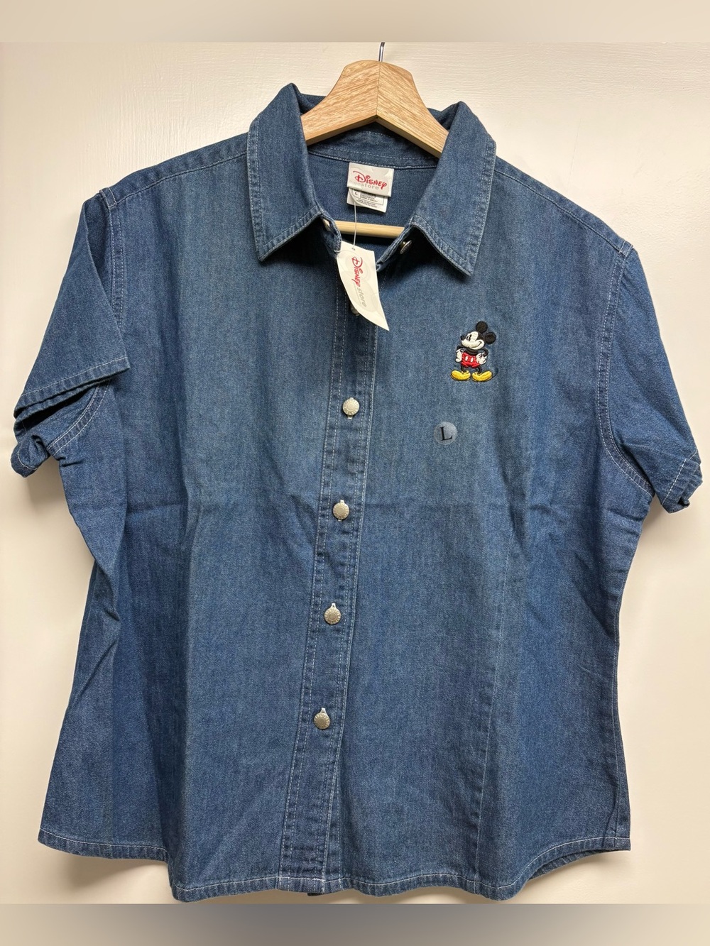 NWT Vintage 90s Disney Store Embroidered Mickey Mouse Denim Shirt Adult L